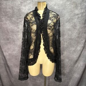 The Pyramid Collection Black Lace Ruffle Trim Open Cardigan XL 2X Whimsigoth